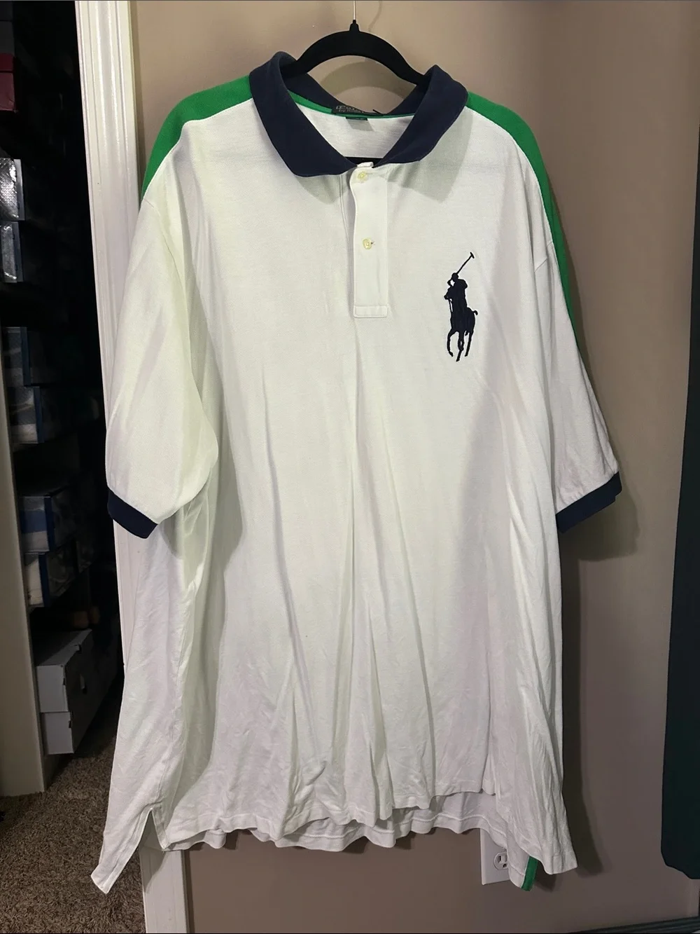 Ralph Lauren White Polo with Navy Collar and Green Shoulder Panels